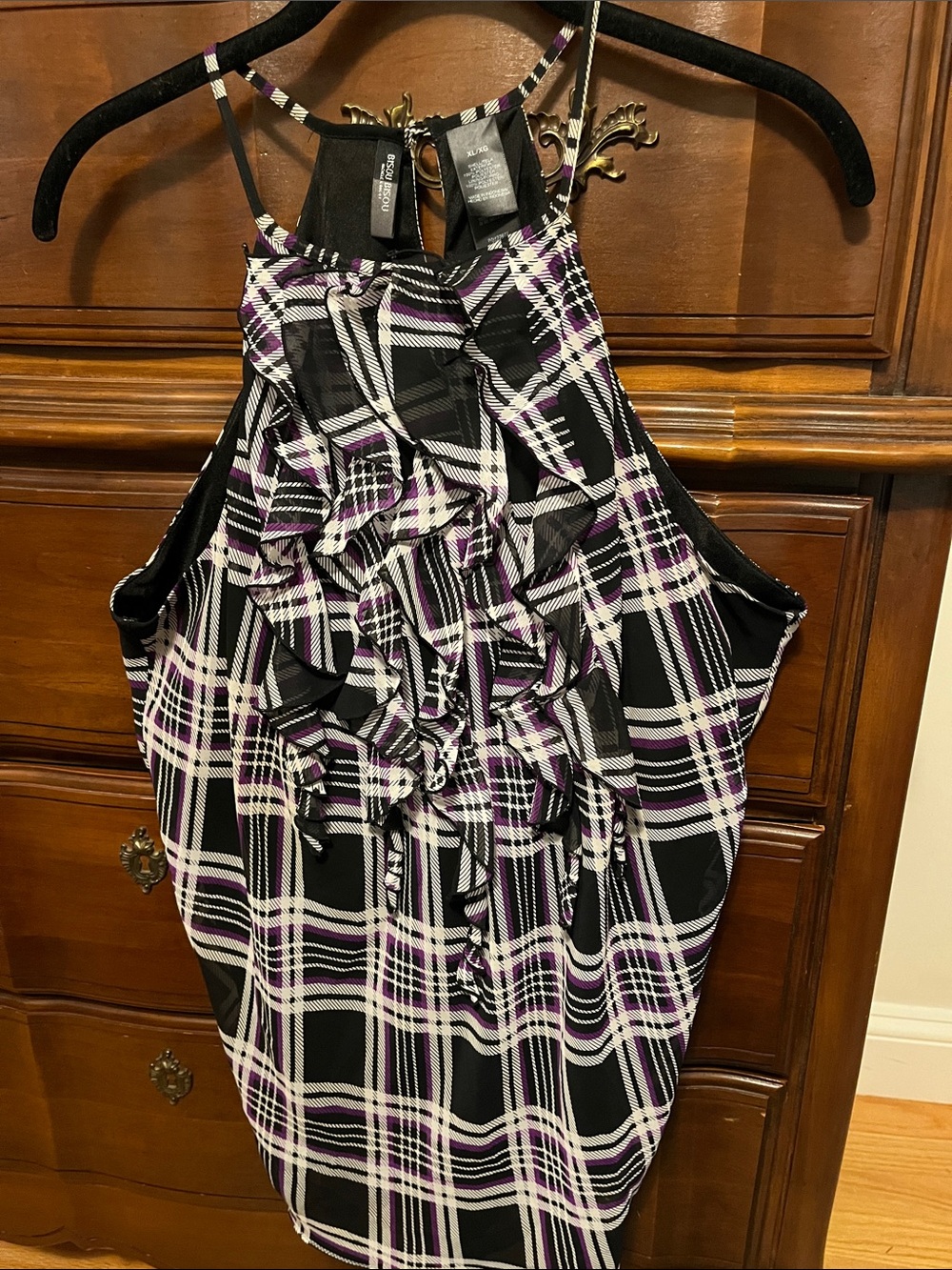 Bisou Bisou Black, Purple & White Plaid Ruffle Halter Dress